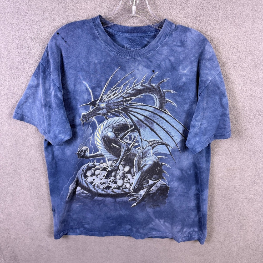 VTG Y2K The Mountain Dragon T Shirt Mens L Blue Skulls Lightning Thrashed Grunge